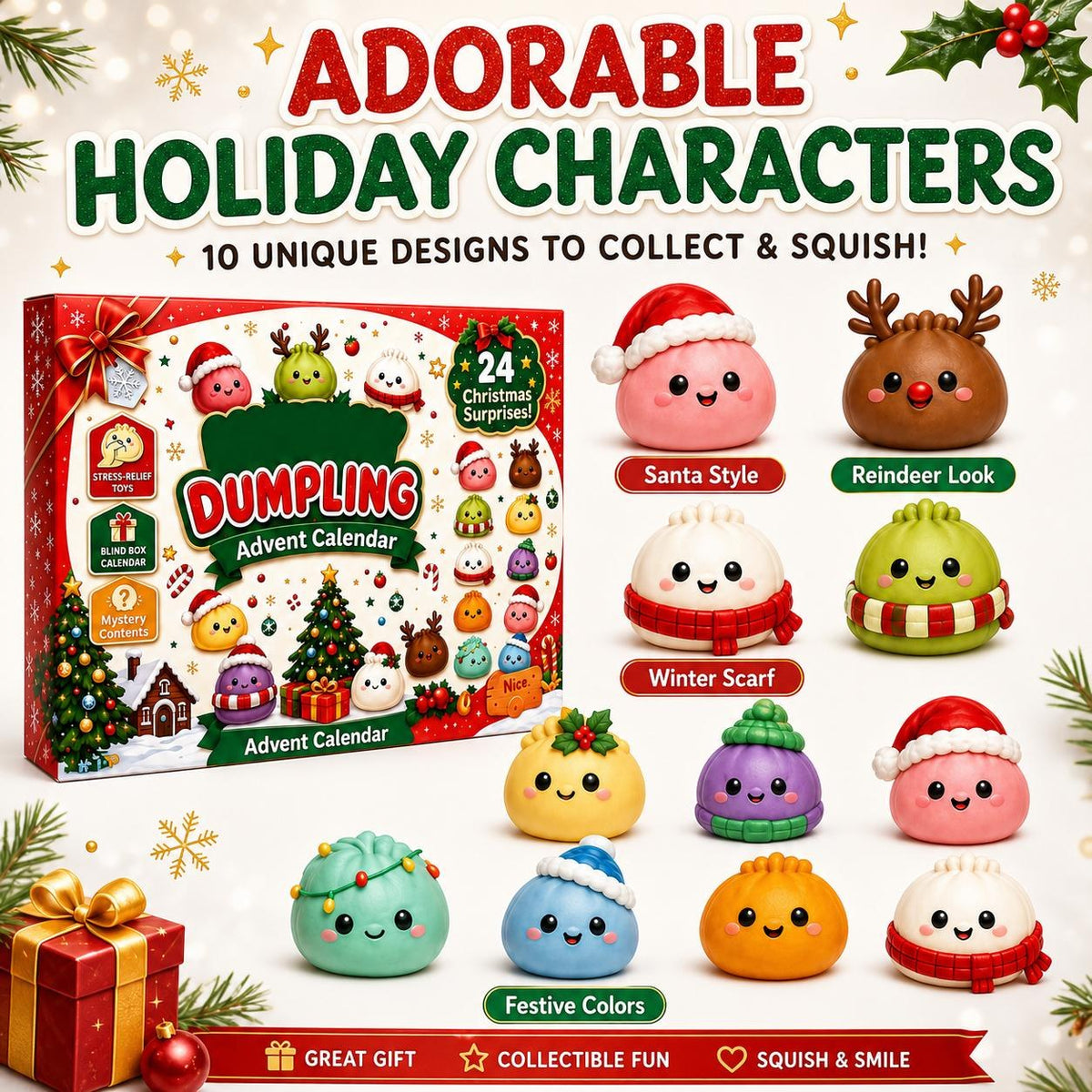 🎁 24 Dagar av mjuk julmagi – Adventskalender med söta dumpling-squishies! 🎉