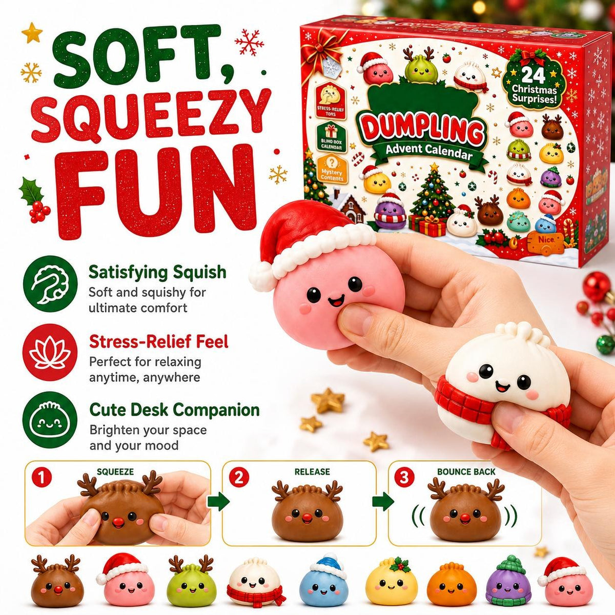 🎁 24 Dagar av mjuk julmagi – Adventskalender med söta dumpling-squishies! 🎉