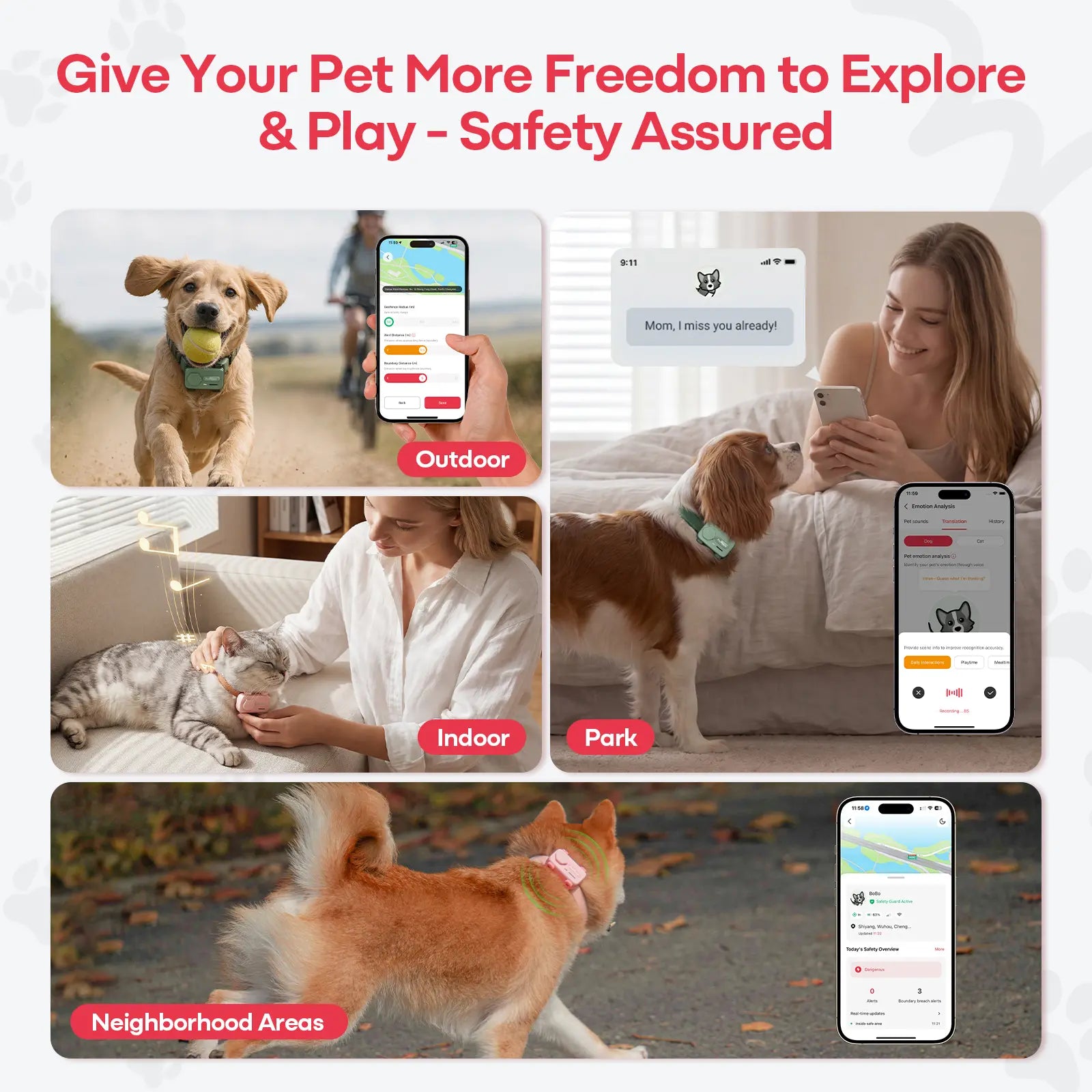 PetPhone til hunde og katte – 2-vejs PetChat, global GPS-tracker med geofence-alarmer, realtidssporing, sundhedsovervågning, kæledyrsfinder, IP67 vandtæt, op til 5 dages batterilevetid