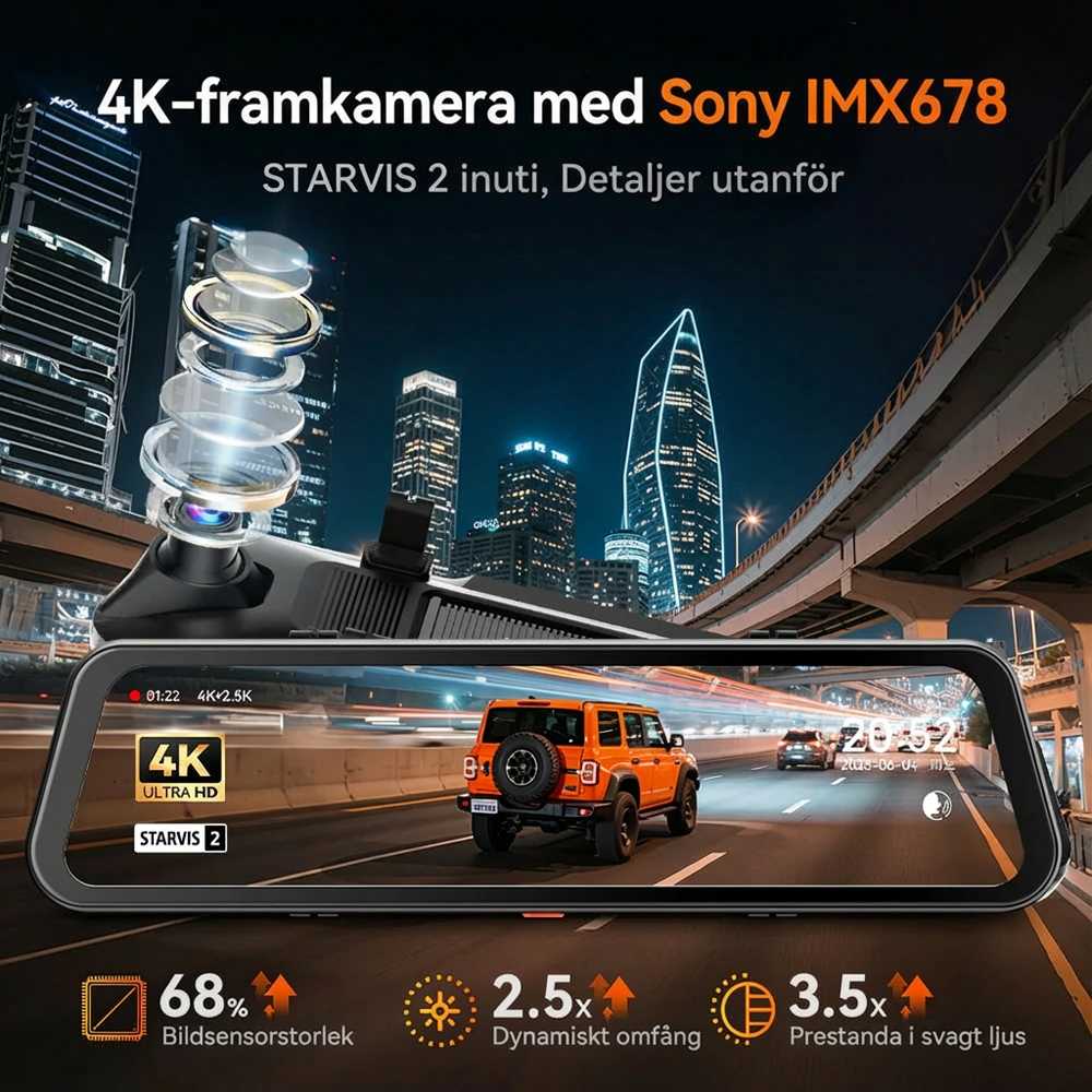 🚗✨ G900Pro 12MP bakspejl med WiFi og berøringsskærm – Premium sikkerhed med 30 måneders garanti