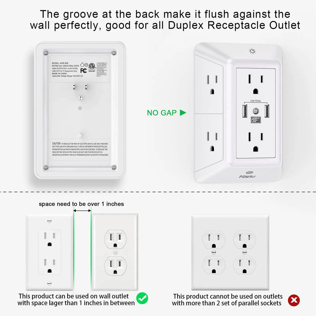 🔌✨Överspänningsskydd med 6 EU-uttag & 4 USB-portar, 4000W Väggadapter