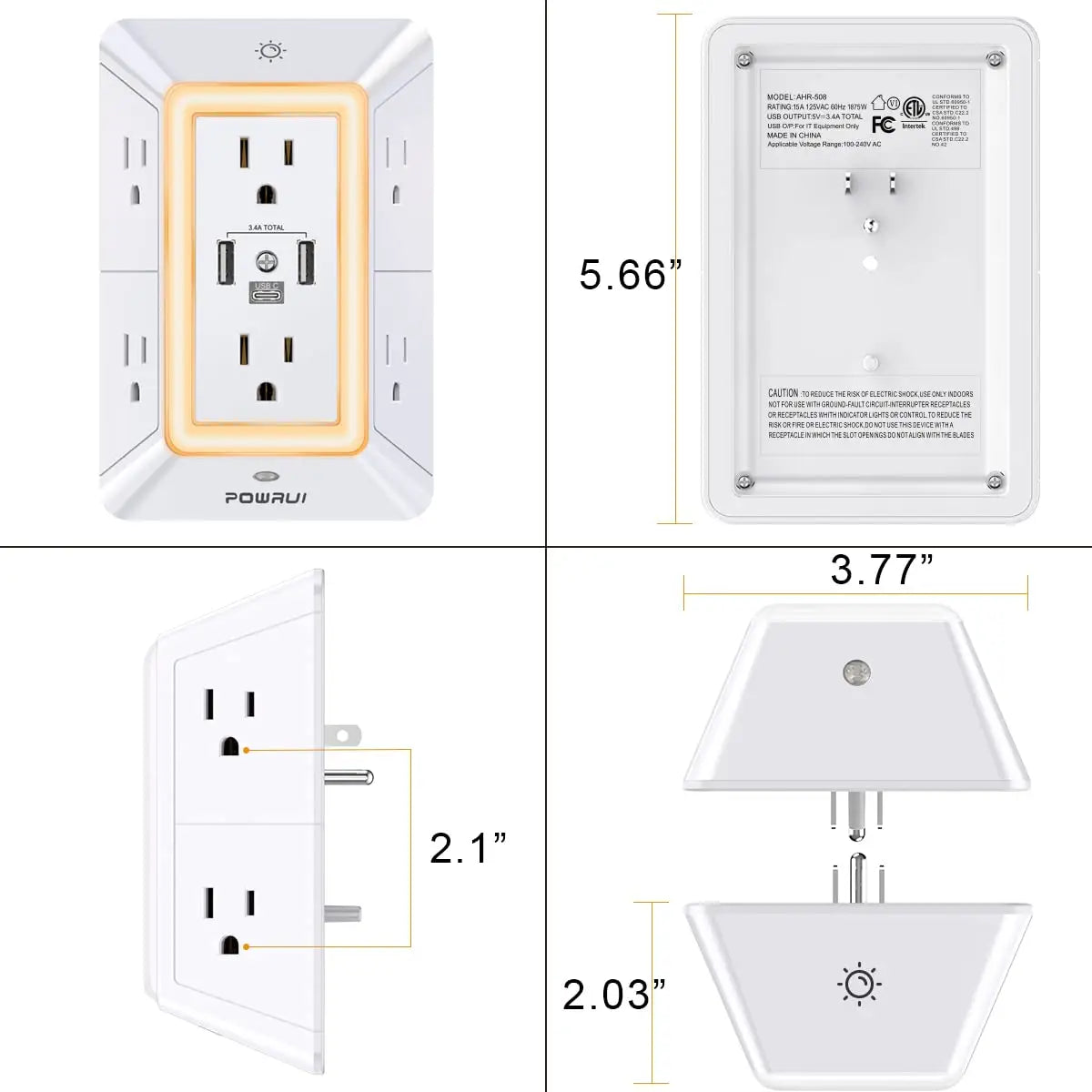 🔌✨Överspänningsskydd med 6 EU-uttag & 4 USB-portar, 4000W Väggadapter
