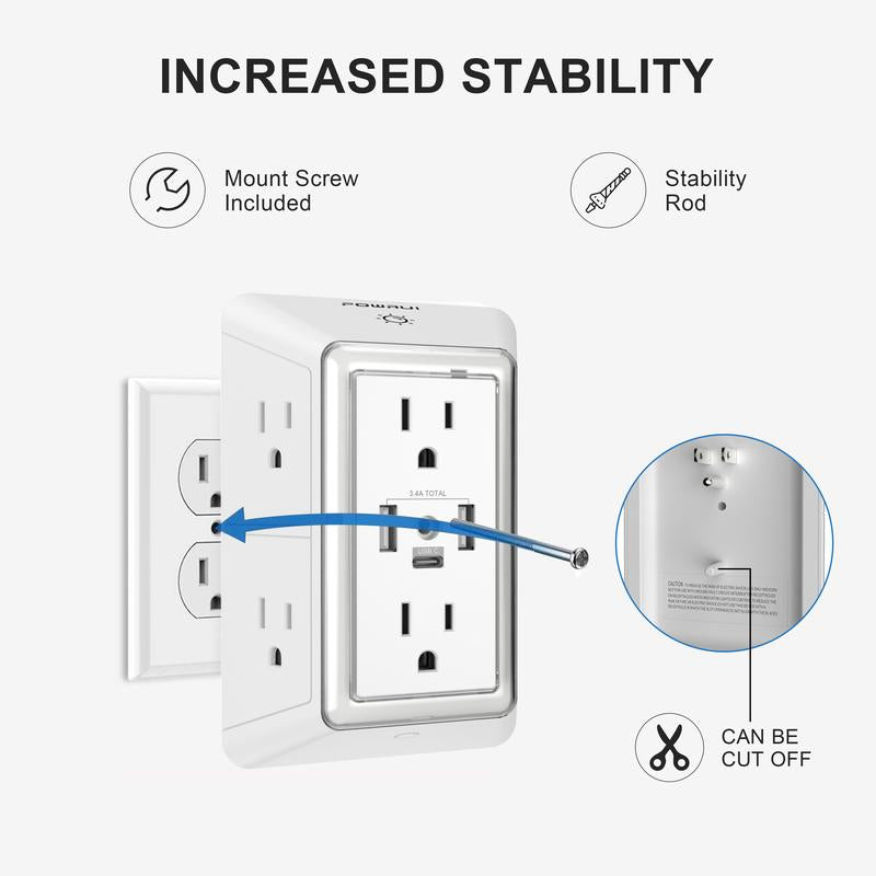 🔌✨Överspänningsskydd med 6 EU-uttag & 4 USB-portar, 4000W Väggadapter
